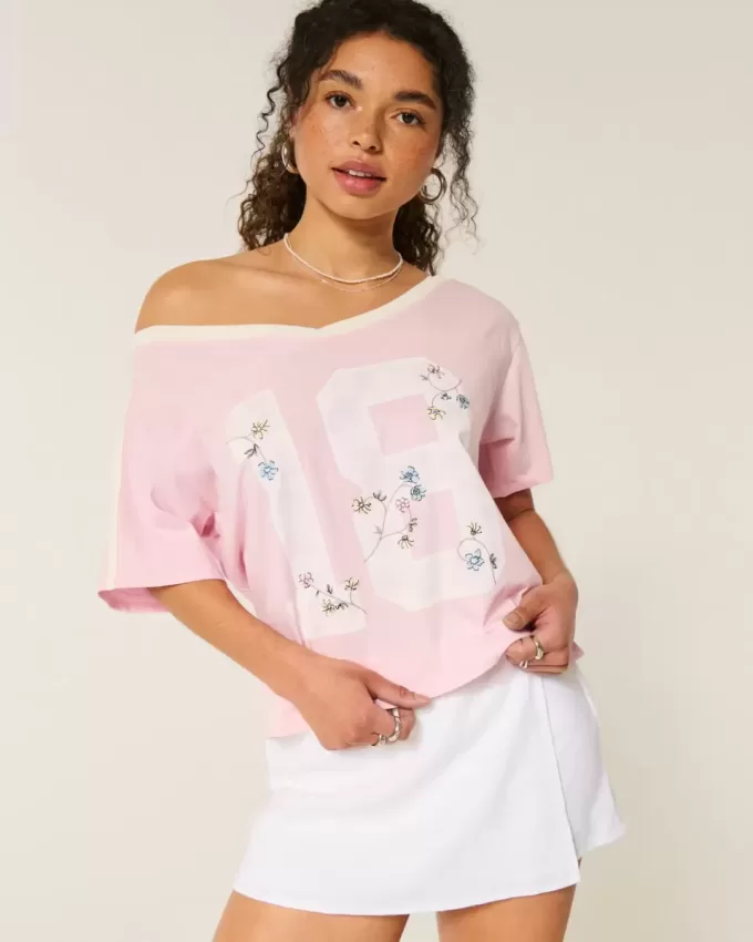 Tricou cu grafică florală de varsity, supradimensionat, fără umăr Tricou cu grafică florală de varsity, supradimensionat, fără umăr