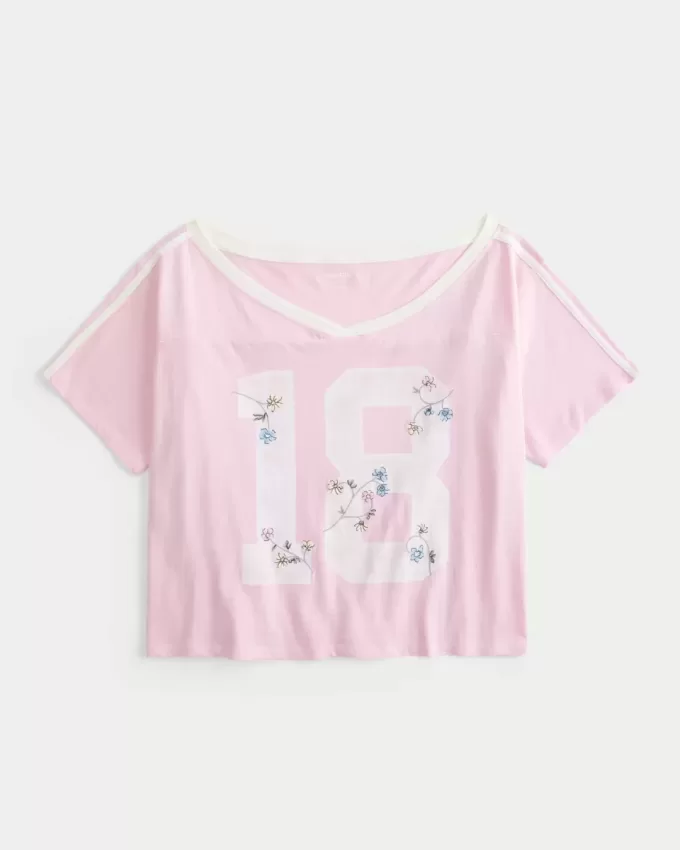 Tricou cu grafică florală de varsity, supradimensionat, fără umăr Tricou cu grafică florală de varsity, supradimensionat, fără umăr