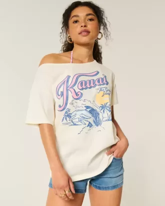 Tricou cu grafic Kauai, supradimensionat, cu umeri