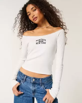 Tricou cu grafic Montauk, fără umăr, cu dantelă