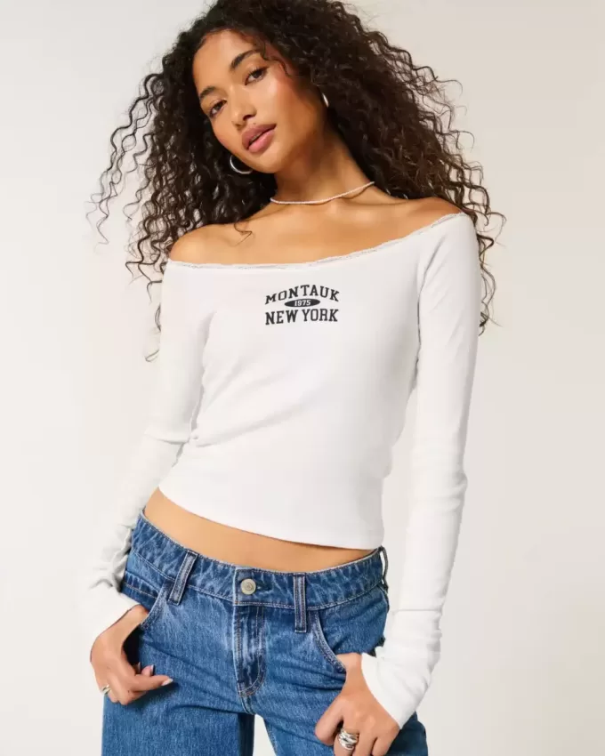 Tricou cu grafic Montauk, fără umăr, cu dantelă Tricou cu grafic Montauk, fără umăr, cu dantelă