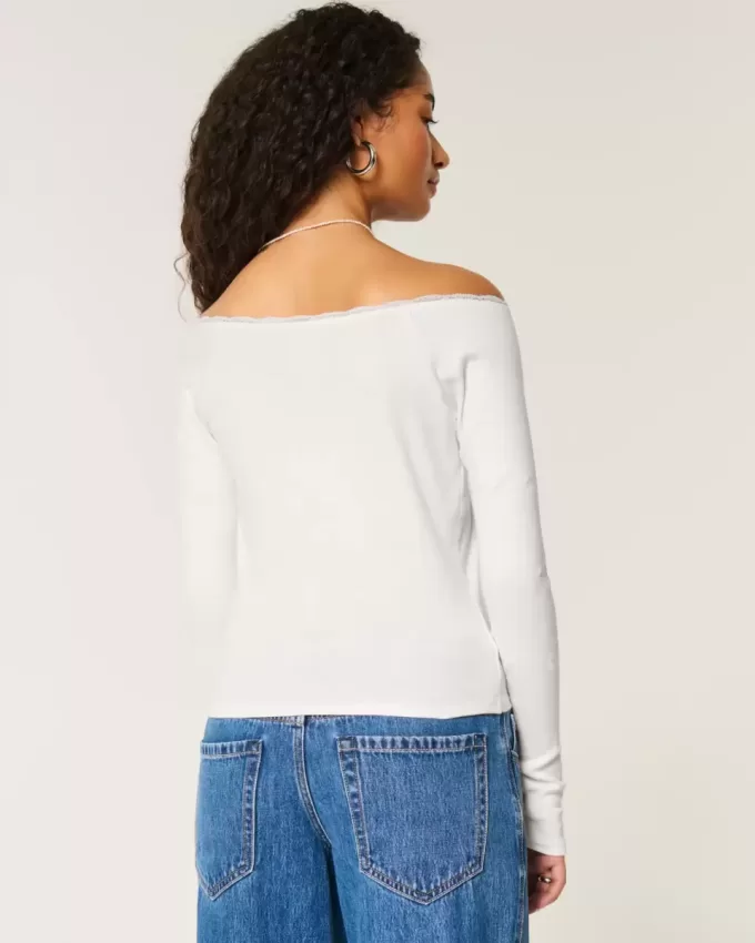 Tricou cu grafic Montauk, fără umăr, cu dantelă Tricou cu grafic Montauk, fără umăr, cu dantelă