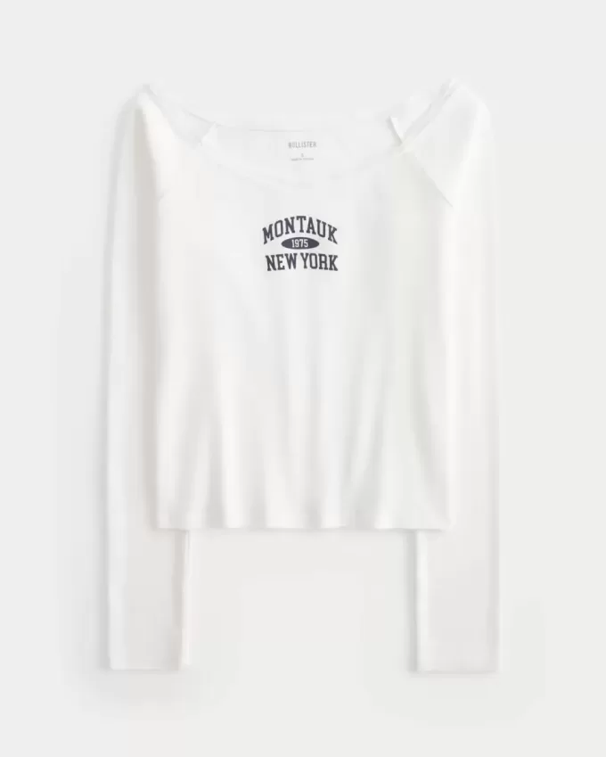 Tricou cu grafic Montauk, fără umăr, cu dantelă Tricou cu grafic Montauk, fără umăr, cu dantelă