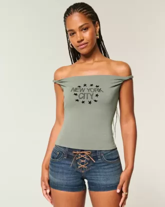 Tricou cu grafic New York, răsucit, fără umăr