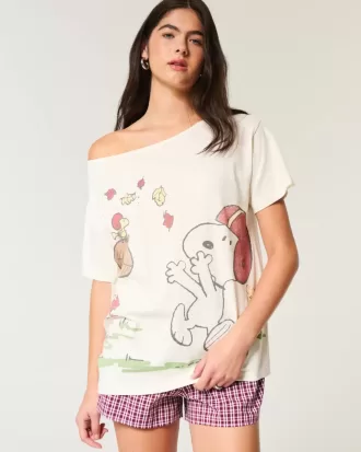 Tricou cu grafic Snoopy supradimensionat, fără umăr