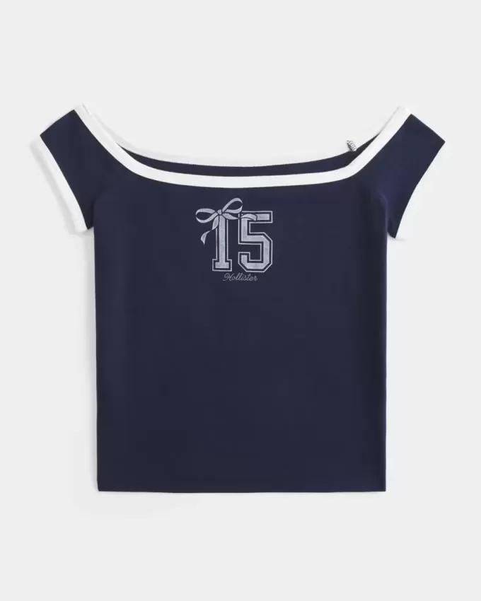 Tricou grafic cu logo fără umăr Tricou grafic cu logo fără umăr