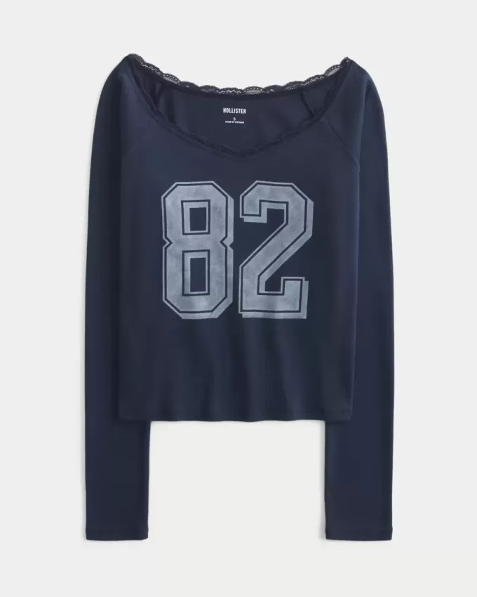 Tricou grafic cu număr de umăr cu dantelă Tricou grafic cu număr de umăr cu dantelă
