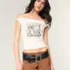 Tricou grafic din catifea răsucit, fără umăr Tricou grafic din catifea răsucit, fără umăr