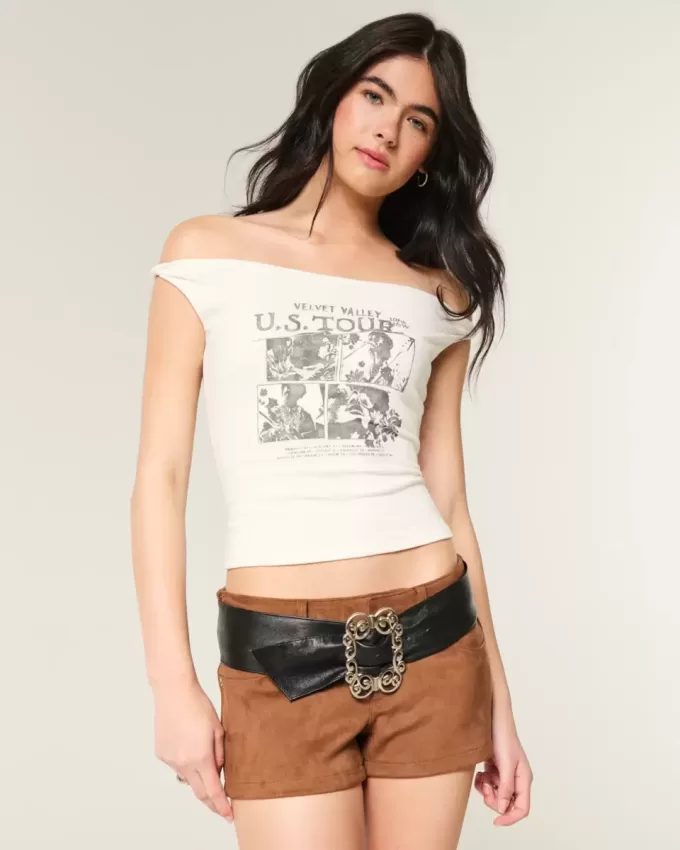 Tricou grafic din catifea răsucit, fără umăr Tricou grafic din catifea răsucit, fără umăr