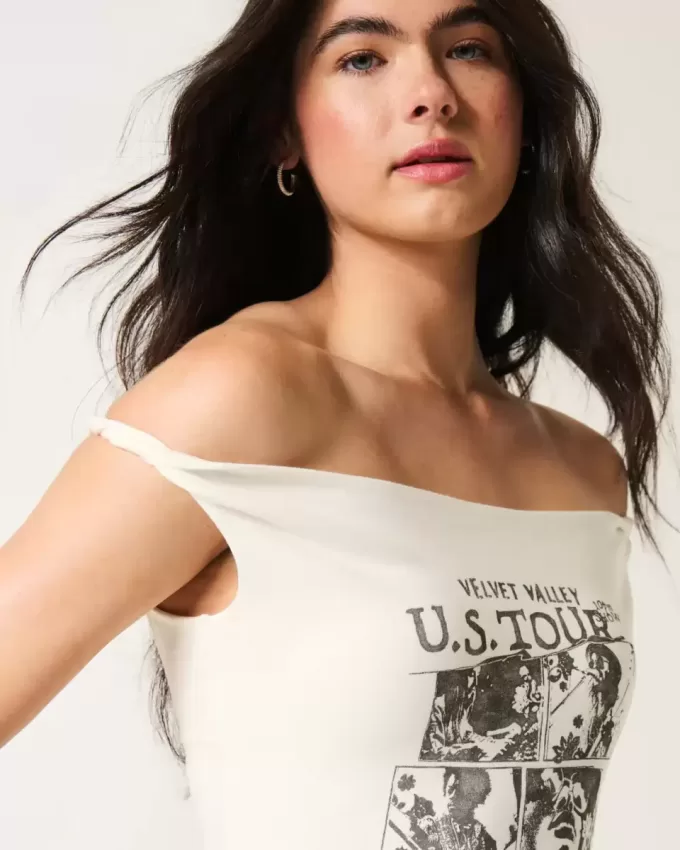 Tricou grafic din catifea răsucit, fără umăr Tricou grafic din catifea răsucit, fără umăr
