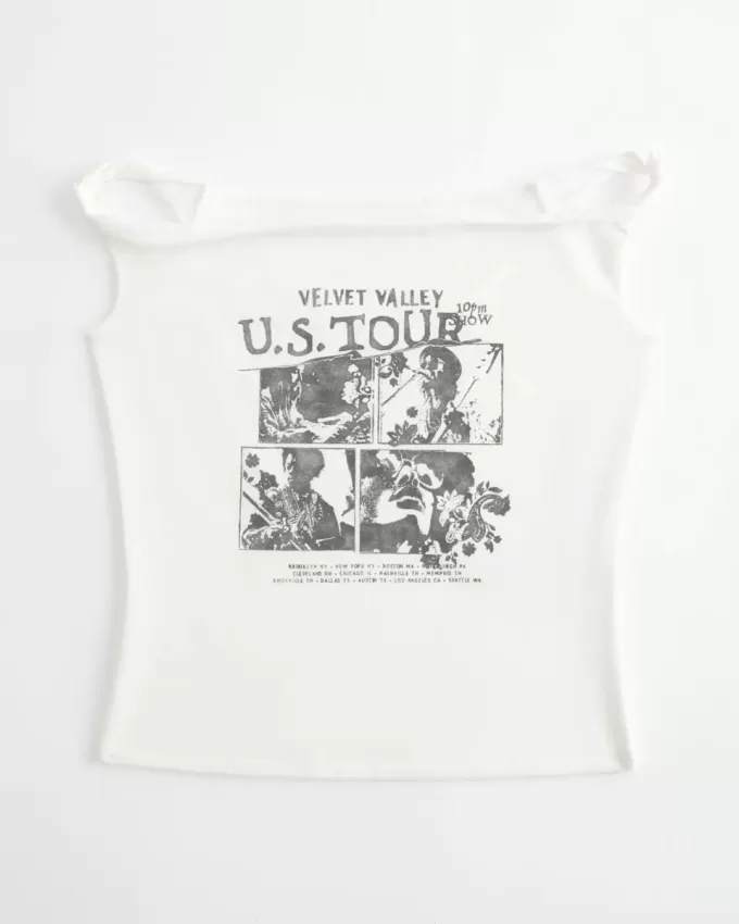 Tricou grafic din catifea răsucit, fără umăr Tricou grafic din catifea răsucit, fără umăr