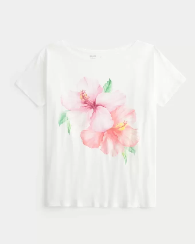 Tricou grafic Hibiscus fără umăr