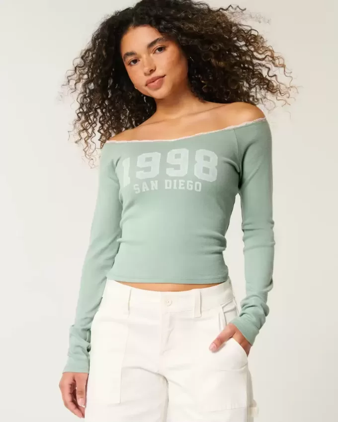 Tricou grafic San Diego, fără umăr, cu dantelă Tricou grafic San Diego, fără umăr, cu dantelă