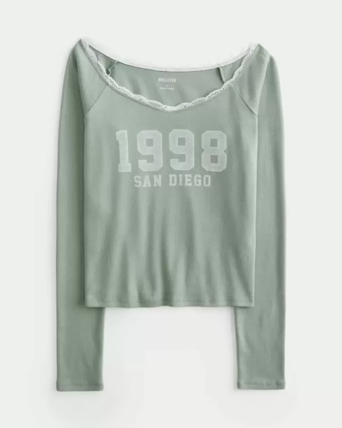 Tricou grafic San Diego, fără umăr, cu dantelă Tricou grafic San Diego, fără umăr, cu dantelă