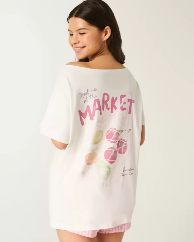Tricou grafic supradimensionat, fără umăr, Farmers Market Tricou grafic supradimensionat, fără umăr, Farmers Market