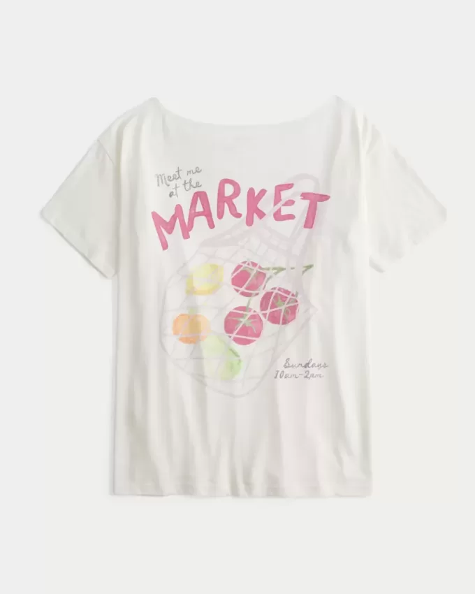Tricou grafic supradimensionat, fără umăr, Farmers Market Tricou grafic supradimensionat, fără umăr, Farmers Market